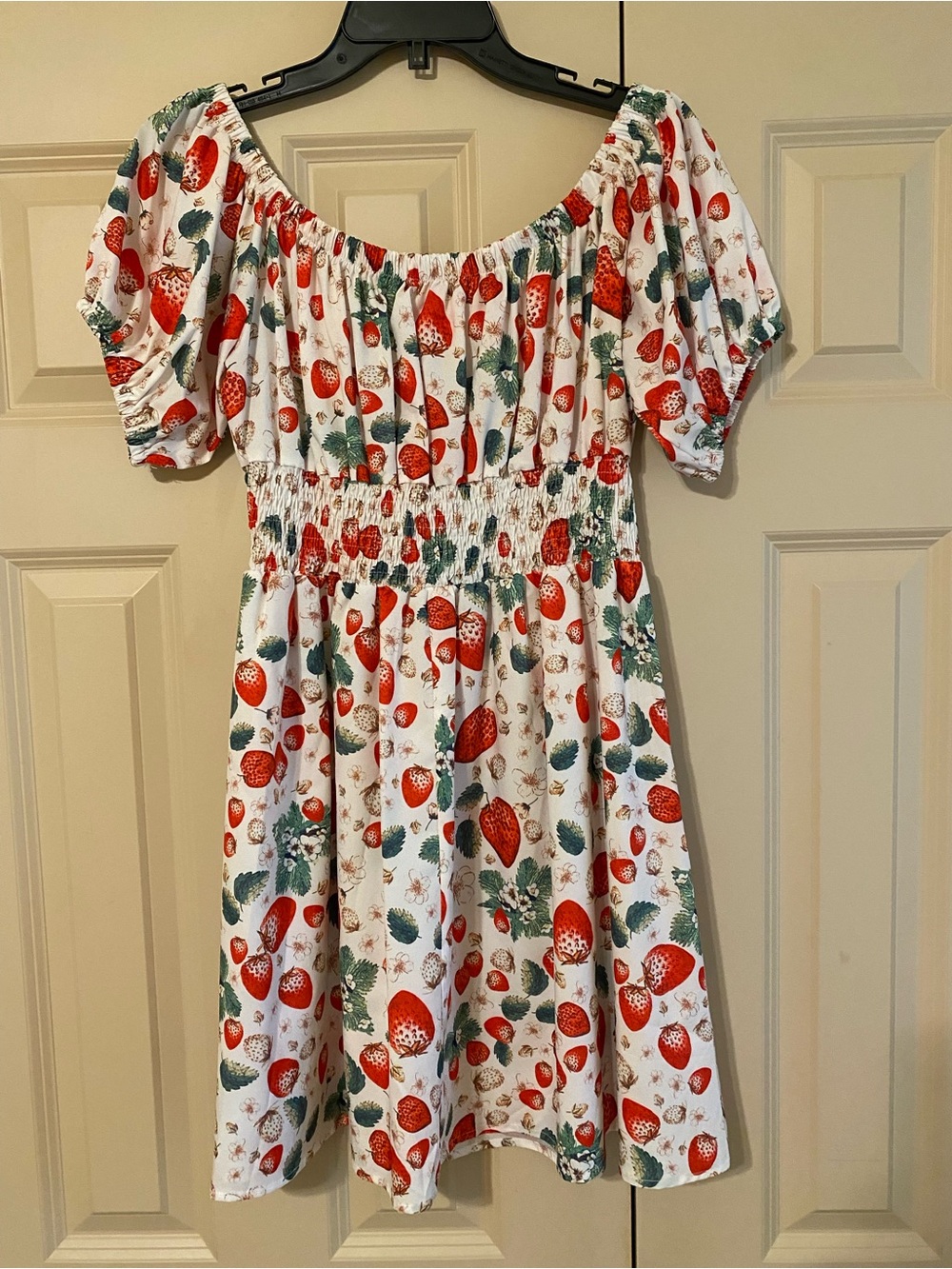 Girls White Strawberry Print Smocked Waist Dress